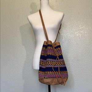 Round Leather Tapestry Crochet Southwest Bucket Crossbody Bag GVC